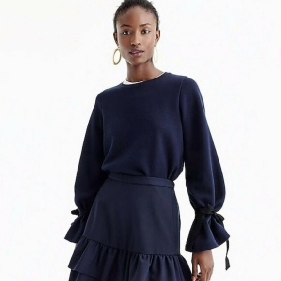 J Crew Sweatshirt Size XS Blue Bow Tie Sleeve Wide Crew Neck Cotton Women G8374 - Picture 1 of 15